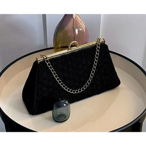 Black Crochet Evening Bag with Detailed Gold Metal Frame